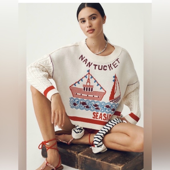 Anthropologie Maeve Nantucket Graphic Cable Knit Sweater - Cream & Red Sz L NWT - Picture 3 of 9